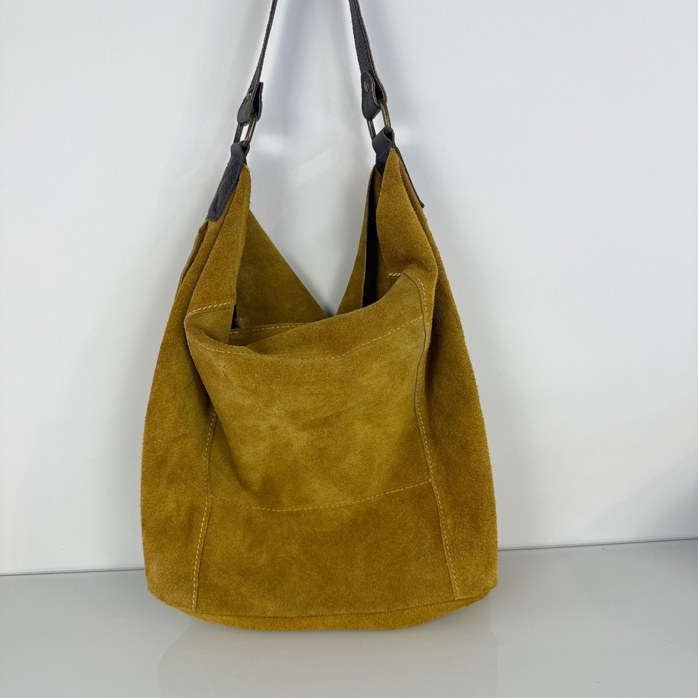 Moda in Italia Hobo Bag Tote Womens Mustard Yellow Suede Leather Slouchy Zip - Picture 2 of 14